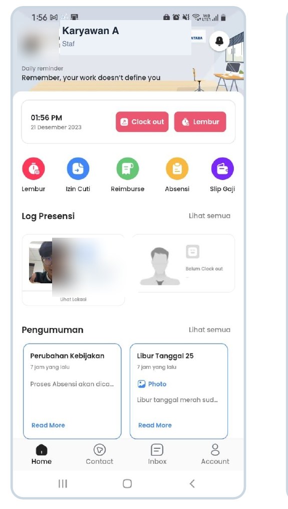 Beranda — clock in/out, lembur & akses cepat