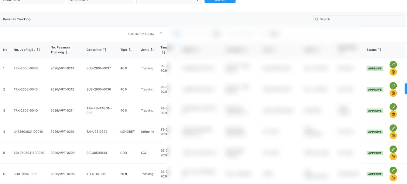 Pesanan Trucking — daftar order trucking dengan container, tipe, jenis, dan status approval.